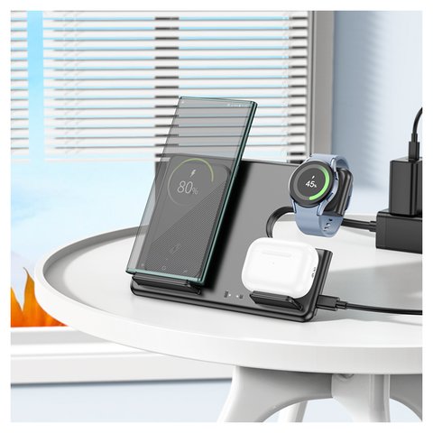 Беспроводное зарядное устройство Hoco CQ2 3-in-1, Quick Charge, черное, USB тип-C, 15 Вт, раскладное, настольный, SAM watch, #6942007602327 Превью 3