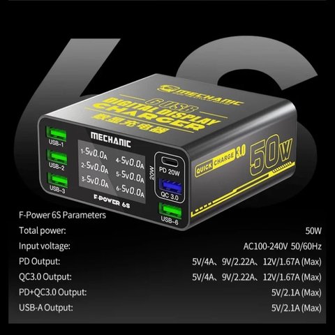 Adaptador de red Mechanic F-Power 6S, 50 W, Quick Charge, Power Delivery (PD), 6 puertos Vista previa  1