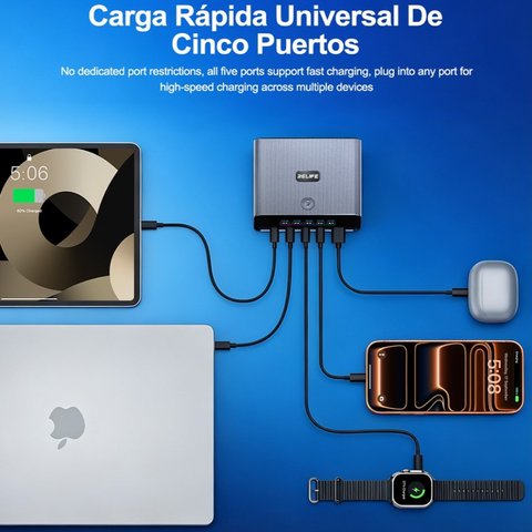 Adaptador de red RELIFE Q8, 165 W, Quick Charge, Power Delivery (PD), gris, 5 puertos Vista previa  3