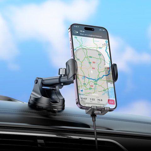 Автомобильный держатель Hoco HW5, черный, выдвижной, вакуумная присоска, с беспроводной зарядкой, c кабелем, 15 Вт, #6942007601450 Превью 2